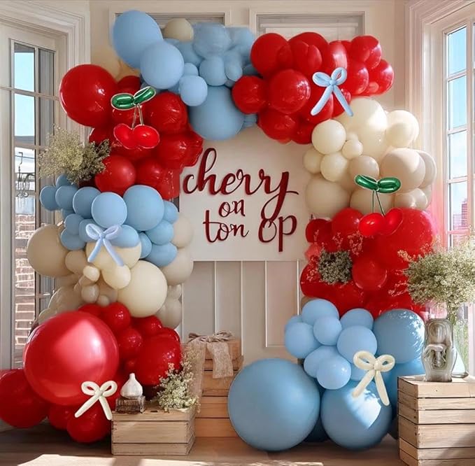 Red Blue Cherry Balloon Arch Kit Double Stuffed, Ruby Red Dusty Light Blue White Sand Ivory Balloon Garland with Long Latex Balloons for Cherry on Top Birthday Mothers Day Baby Shower Party Decor
