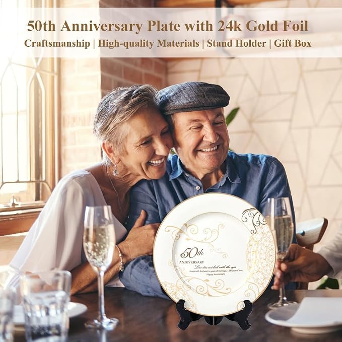 Urllinz 50th Anniversary Wedding Gifts for Couples Parents Grandparents- Golden Wedding Anniversary Keepsake Gift, 50 Year Marriage Plate with Stand, Ceramic with 24k Gold Foil, 9 inch