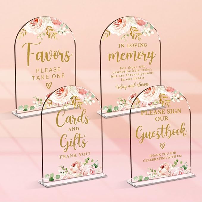 4 Pcs Acrylic Wedding Signs for Reception, Bridal Shower Decorations, Cards and Gifts Signs, Guest Book Sign, Arch Acrylic Table Top Sign with Holder for Wedding Reception (Clear Pink Flowers)