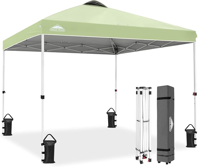 EAGLE PEAK Pop Up Canopy Tent with Wheeled Carry Bag, 8 Stakes, 4 Ropes, 4 Weight Bags, Easy Set Up Tent Canopy, 10x10 ft, 100sqft of Shade, Smoke Green