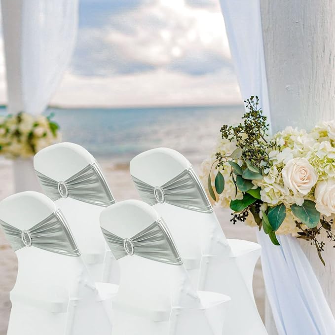 Spandex Chair Sashes Bands 30PCS Stretch Chair Ties Bows with Buckle Slider for Wedding Party Banquet Decoration (Metallic Silver)…