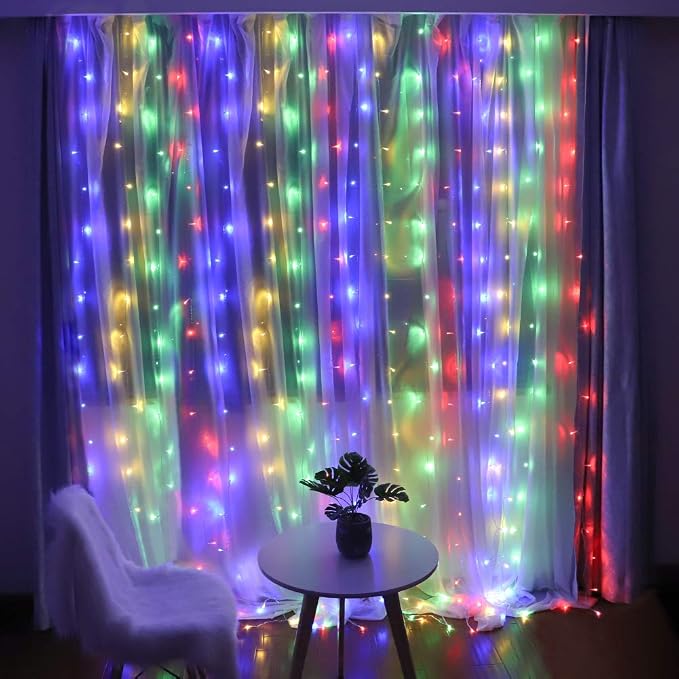 HEYFUNi Fairy Curtain Lights Plug in, 304 LED 9.8FT x 9.8FT 30V Multicolor | 8 Modes Backdrop Window Lights with Memory, Waterfall lights for Bedroom, Home, Wedding, Christmas, Party, Patio, Dorm Decor