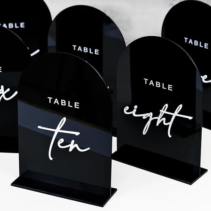 Black Arched Wedding Table Numbers 1-20 with Stands, 5x7 Inch Acrylic Arch Sign with Raised White Numbers, 3D Arched Acrylic Table Numbers for Wedding Reception