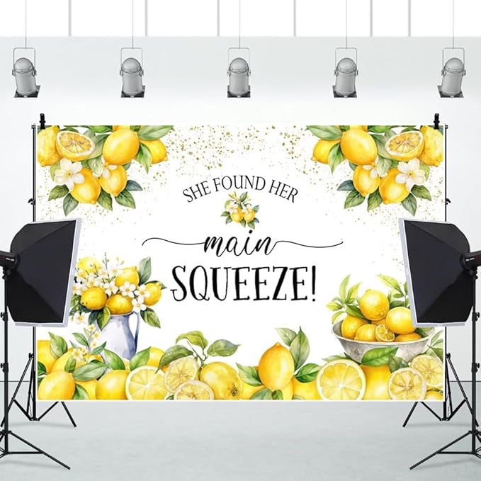 Leowefowa She Found Her Main Squeeze Backdrop for Photography 15x10ft Vinyl Blue Floral Lemon Bridal Shower Decorations Bachelorette Bride to Be Engagement Party Backdrops Photo Booth Banner