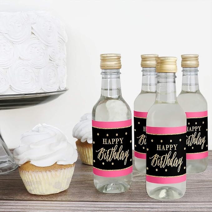 Big Dot of Happiness Chic Happy Birthday - Pink, Black and Gold - Mini Wine and Champagne Bottle Label Stickers - Birthday Party Favor Gift for Women and Men - Set of 16