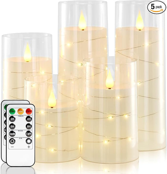 Homemory Pure White Flameless Candles with Embedded Star String Fairy Lights, Battery Operated Candle, LED Candles, Fake Candles with Remote Control and Timer, Set of 5(H4"5"6"8"8")
