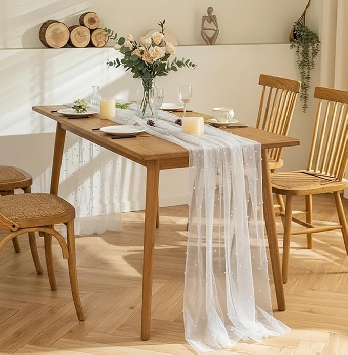 Pearl Table Runner 10FT,White Tulle Runners Rustic Lace Fabric Centerpieces for Wedding Arch Birthday Bridal Veil Baby Shower Decorations Sheer Dining Holiday Decor for Party 30" X 120" 1pc