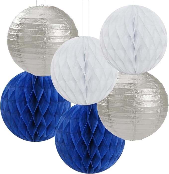 Navy-Blue White Silver Party Decorations - 14pcs Kits Paper Lanterns Fan,Tissue Flower Pom Poms Streamers,Honeycomb Balls,Graduation 2026 Men Birthday Wedding Baby Bridal Shower Decor Lasting Surprise