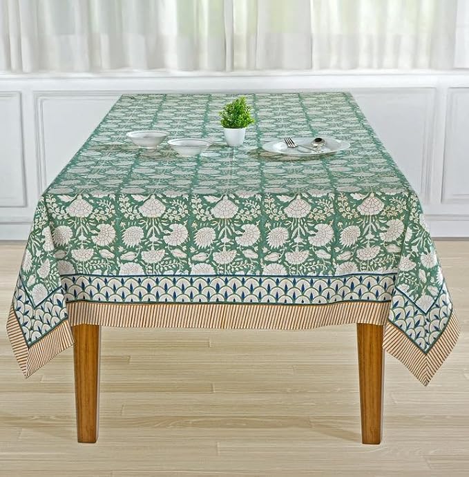 Ridhi Turquoise Moss Green Hand Block Print Cotton Rectangle Tablecloth 118" x 70" inches Reusable Table Cover Decorative Everyday Use for Dining Room, Farmhouse, Home Gift for Spring, Mother's Day