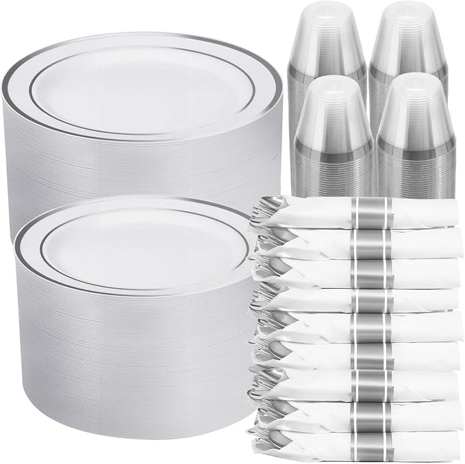 700 PCS White and Silver Plastic Dinnerware Set for 100 Guests, 200 Disposable Plates for Party, 100 Pre Rolled Napkins with Silver Silverware, 100 Cups