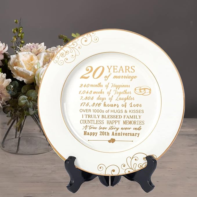 Urllinz 20 Year Anniversary Plate with 24k Gold Foil Decorations - 20th Anniversary Wedding Gifts for Wife Couple Him Her Husband, Ceramic 9"