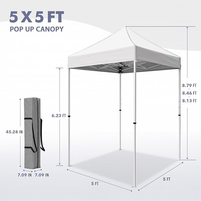 5x5 Pop Up Canopy Tent, Instant Portable Beach Canopy, Outdoor Tent with Carry Bag for Camping, Sports, Tailgating, Events, White
