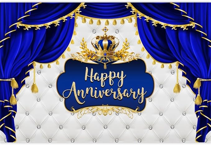 Happy Anniversary Backdrop Blue Curtain Gold Crown Diamond Wedding Together Photography Background for Anniversary Valentine's Day Wedding Party Decor Couple Love Party Photo Supply Vinyl 6x4ft
