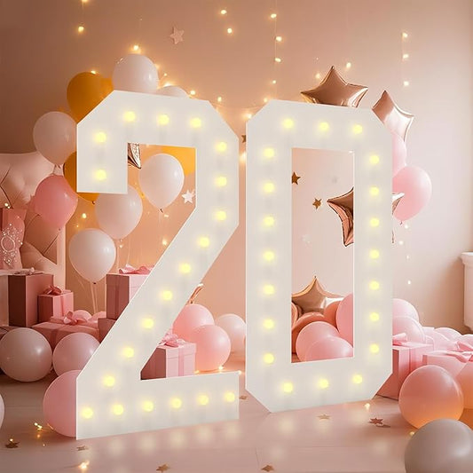 4FT Light Up Numbers, Marquee Numbers 4 Feet Tall Giant Number 20 Mosaic Big Number Sign for 20th Birthday Party Backdrop Anniversary Decorations, Pre-Cut Large Frame