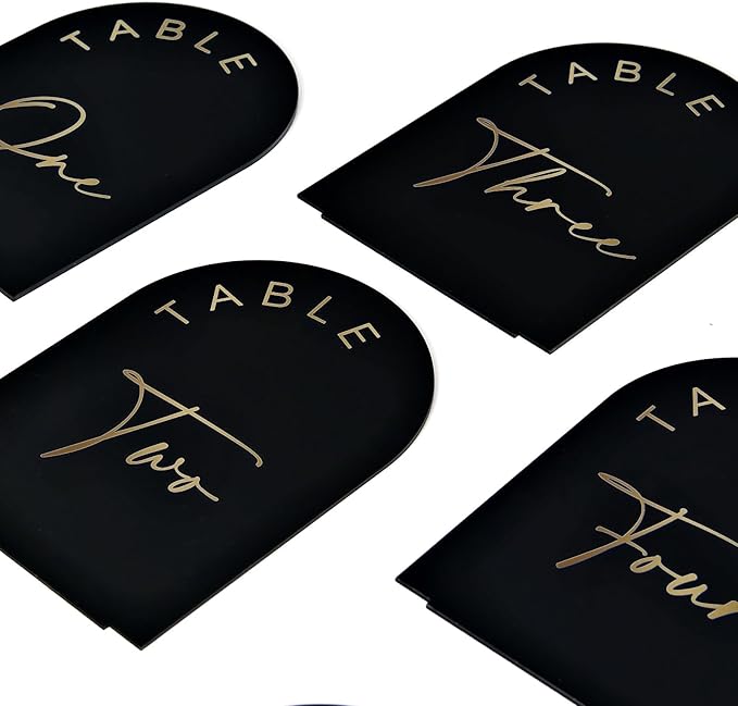 Black Arch Wedding Table Numbers 1-15 with Stands, 5x7 Inch Black Acrylic Sign with Gold Lettering, Arched Acrylic Table Numbers for Wedding Reception