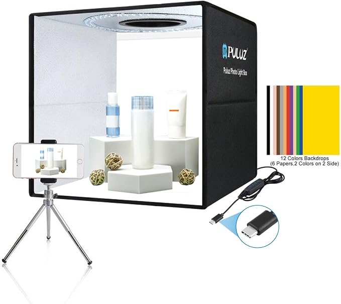 Photo Studio Box, PULUZ 40cm Folding Lightbox 160 LED Ring Light Portable Photo Studio Photography Shooting Tent Box Kit 12 Colors Backdrops USB Light Box for Phones DSLR Camera 16 x 16 inch