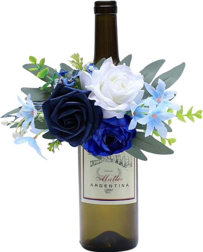 CherishedMoments 1Pcs Wine Bottle Flower Set, Dining Tables, Plates Decorations，Navy Blue Artificial Flowers Wine Cup for Wedding Ceremony Anniversary, Wedding Home Decor
