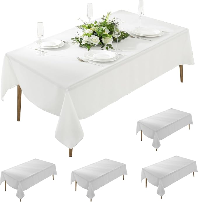 5 Pack Rectangle Tablecloth, 60 x 126 Inch White Tablecloth, 8ft Rectangle Table Cloth, Polyester Fabric Washable Tablecloth for Home, Party, Wedding or Restaurant Use.