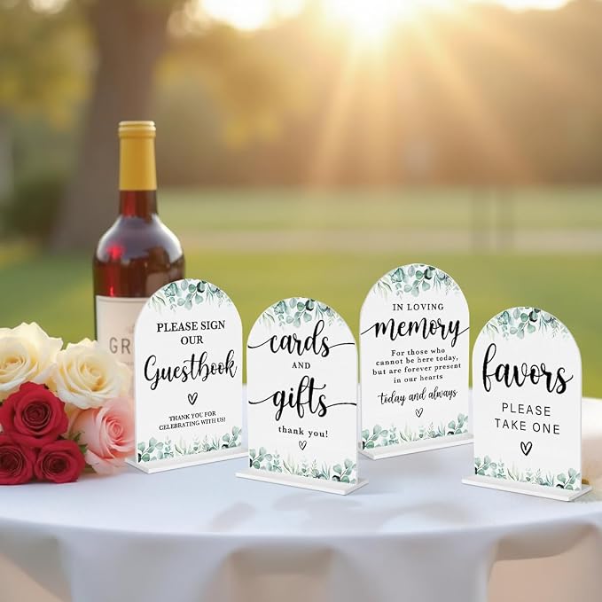 4 Pcs Acrylic Wedding Signs for Reception, Bridal Shower Decorations, Cards and Gifts Signs, Guest Book Sign, Arch Acrylic Table Top Sign with Holder for Wedding Reception (White Eucalyptus Leaves)