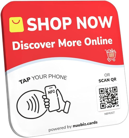 NFC Business QR Code Sign Plate for Linking Your Online Store – Drive Offline Engagement Online – Works Like Review Tap Card & Social Media Sign – No App or Fees – Includes Stand or Adhesive