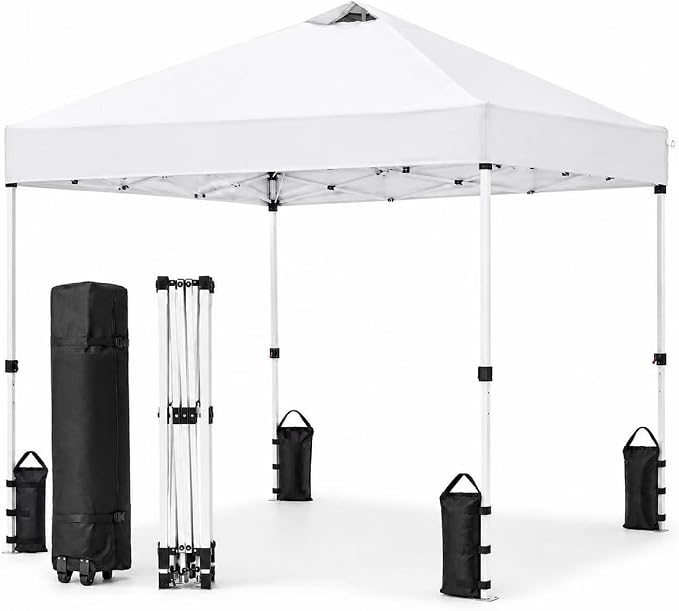 10x10 Pop Up Canopy Tent, Waterproof UV Blocking Heavy Duty Steel Frame with Wheeled Bag & Sandbags, One-Person Setup, Ideal for Outdoor Beach, Party, Camping, Backyard, Tailgate Events (White)