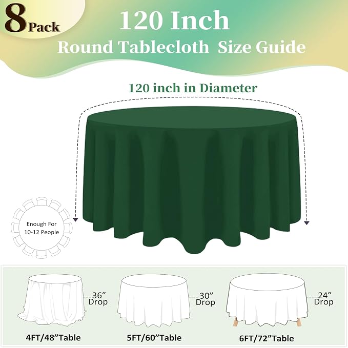 8 Pack Dark Green Round Tablecloth 120 Inch Round Table Cloth, Wrinkle Resistant and Washable Tablecloth Polyester Fabric Table Cloth Round Table Cover for Dining Wedding Banquet Party