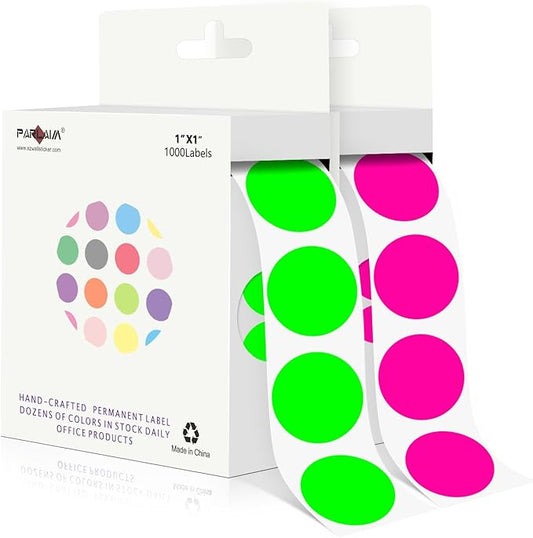 PARLAIM 1 Inch Round Adhesive Color-Code Dot Stickers,2Rolls/2000 per Roll dots Label Dispenser Box,Fluorescent Green/Fluorescent Pink Circle Stickers Label for Office Home