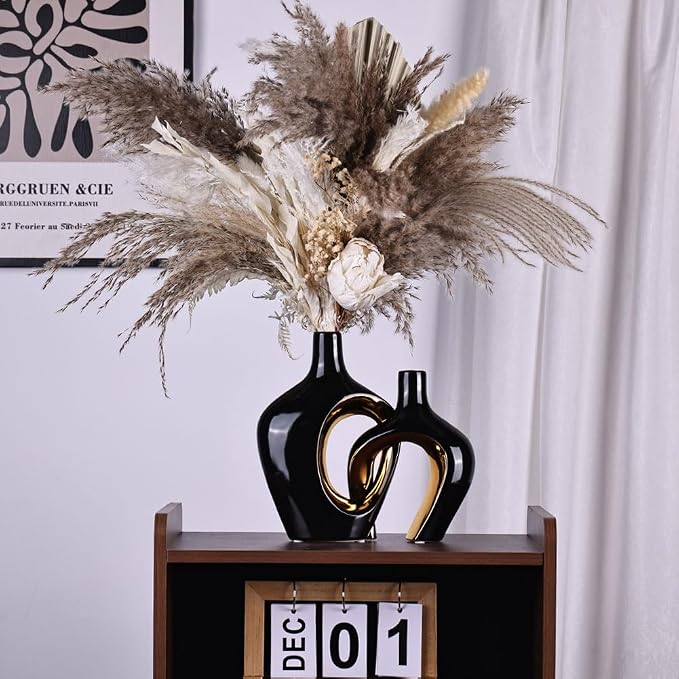 Black and Gold Hollow Ceramic Vase Set of 2, Modern Nordic Boho ins Style Aesthetic Decorative Flower Vase for Home Decor, Wedding, Living, Bedroom, Dining Table, Shelf, Mantle, Office Decor