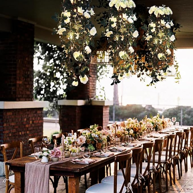 RECUTMS Artificial White Rose Hanging Flower Plants, 2PCS 37 Inch Fake Floral Ivy Garland with 30 LED Fairy String Lights for Outdoors Home Room Garden Wedding Memorial Day Bridal Shower Indoor Decor
