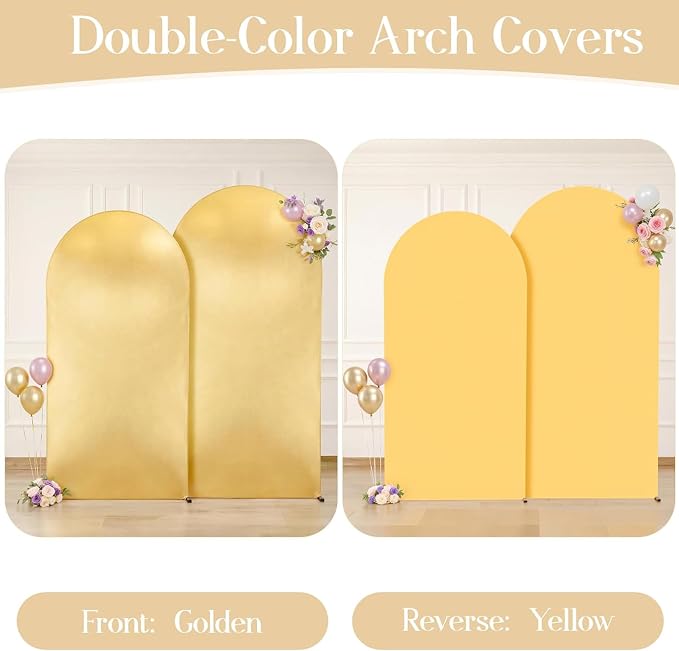 7.2FT 6FT Arch Backdrop Cover for Party, Set of 2 Stretchy Spandex Fitted Arch Stand Cover for Baby Shower, Birthday Wedding Decor, Chiara Backdrop Cover with Double-Sided Design(Gold, Yellow)
