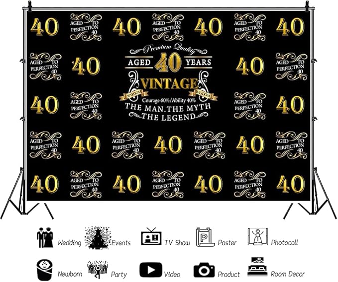 OERJU 5x3ft Happy 40th Birthday Backdrop for The Man The Myth The Legend Birthday Party Background Banner Black Gold Photography Photo Aged 40 Years Forty Birthday Back Drops Vinyl Studio Props