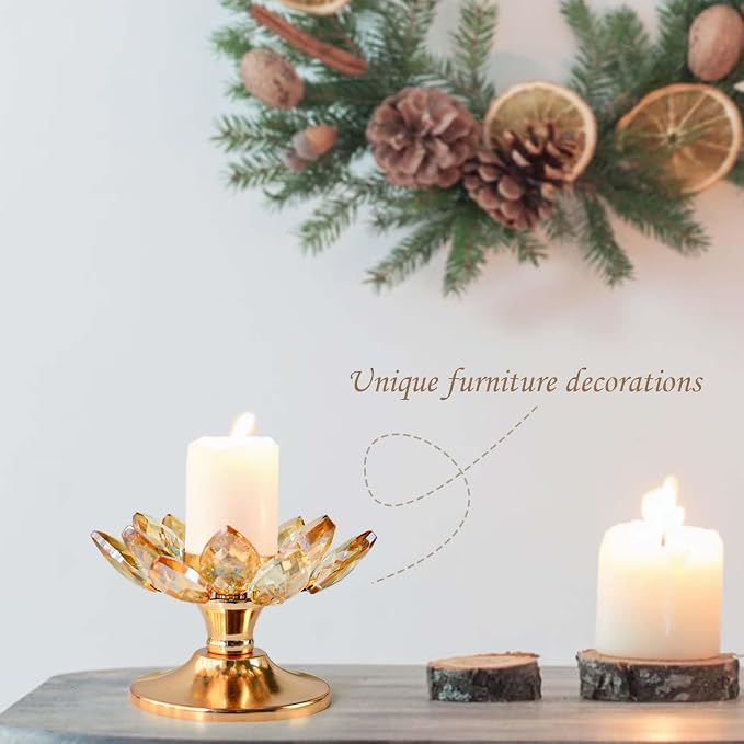 4 PCS Gold Crystal Flower Tea Light Holder, Glass Tealight Candlestick with Metal Base, Votive Candle for Table Centerpiece, Wedding/Parties Decor, Nice Gift