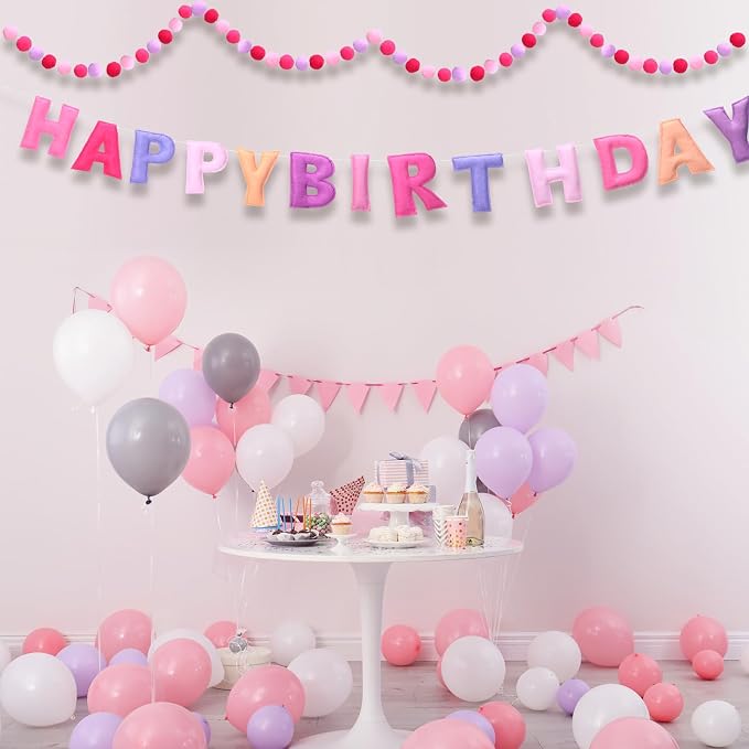 Mindsoft 2 Pcs 9.83ft Pre Strung 3D Happy Birthday Felt Fabric Banner with Ball Garland Reusable Pom Pom Garland for Birthday Party Decorations Sign Photo Prop Boys Girls(Pink Purple Color)