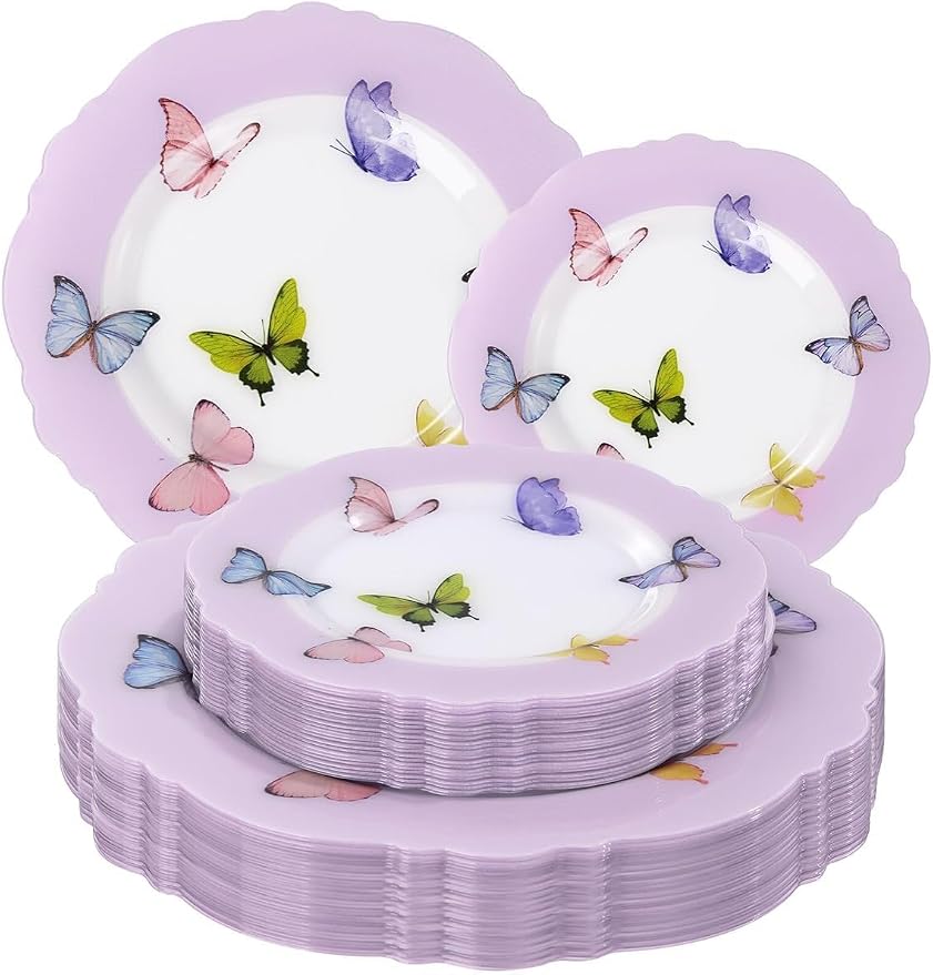 WDF 20PCS Purple Butterfly Plates - Baroque Spring Plates Disposable - Butterfly Party Decorations for Birthdays/Tea Party/Bridal Shower/Mother's Day