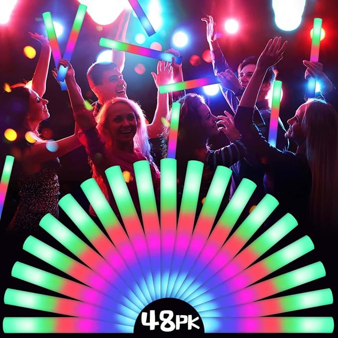 48 Foam Glow Sticks for Party Pack: Wedding Essentials Parties Supplies Bulk - 3Modes Colorful Flashing Led Light Up Dark Stick - Dance Floor Props for Birthday Carnival Raves Concert (48 PK / SET)