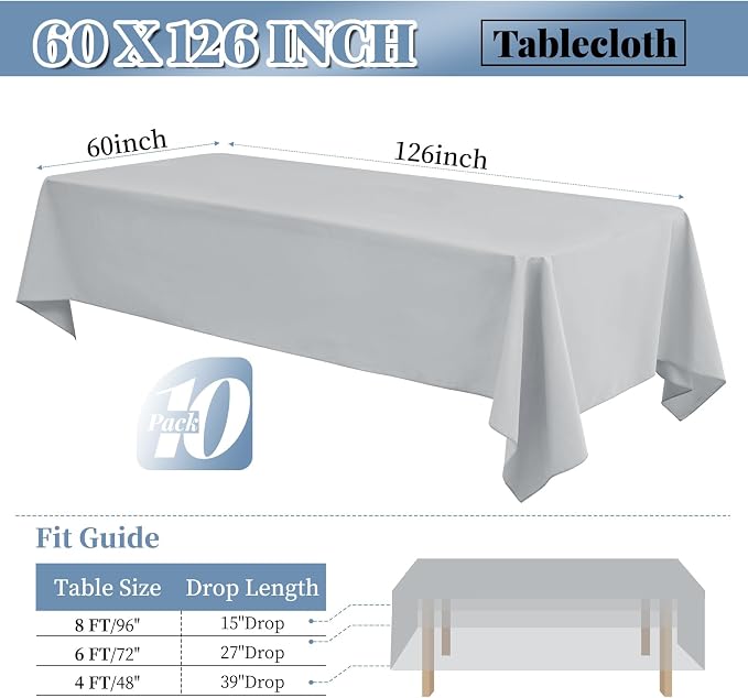 fani 10 Pack 60 x 126 Inch Tablecloth, Light Grey Tablecloth for 8 Feet Rectangle Tables, Stain and Wrinkle Resistant Washable Fabric Table Cloth for Wedding Party Dining Table Buffet Parties Camping