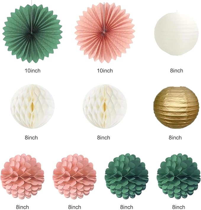 Pink Sage Green Birthday Party Decorations, Happy Birthday Banner with Honeycomb Balls, Paper Flowers, Fans, Lanterns, Circle Garland for Boys Girls, 1st Birthday, Garden Party Decor 19pcs