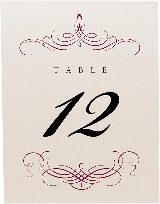 Decadent Flourish Wedding Table Numbers (Select Color/Quantity), Champagne, Burgundy, 1-15, Double Sided, Tent or Use in a Stand, Great for Parties & Restaurants