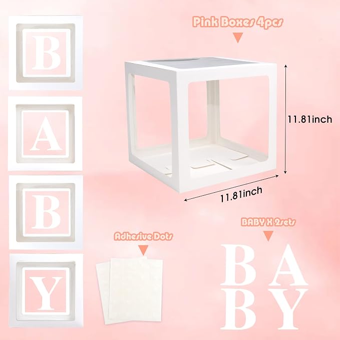 Voircoloria Baby Boxes with Letters for Baby Shower, Gender Reveal Decorations with 4 Transparent Balloon Boxes for Gender Reveal Baby Shower Decorations(White)