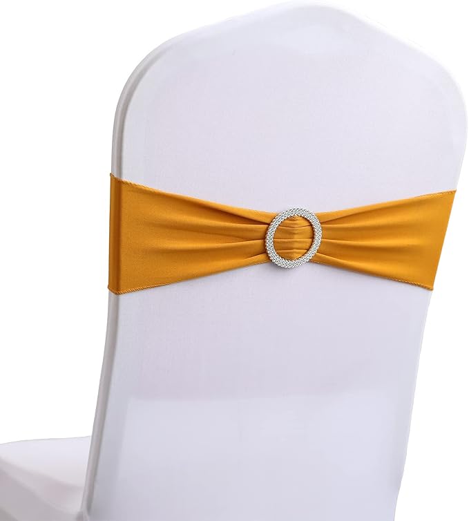 Spandex Chair Sashes Bands 100PCS Stretch Chair Cover Ties Bows with Buckle Slider Wedding Party Reception Banquet Decoration (Gold)
