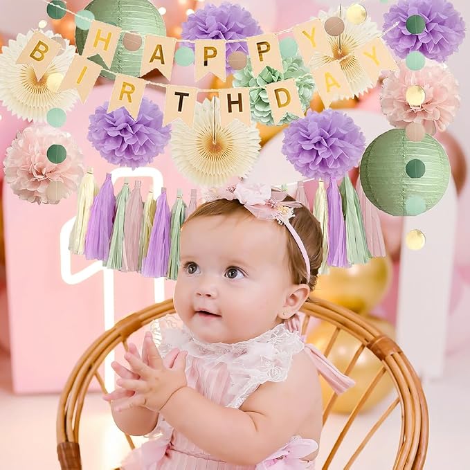 Pink Sage Green and Purple Birthday Decorations for Women Purple and Green Birthday Decorations Boho Lilac Sage Blush Pink Pastel Party for Girls Cream Dusty Rose Tassel Garland with Banner Beige Gold