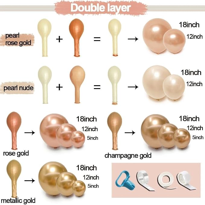 Rose Gold Balloon Garland 112pcs Double Stuffed Pearl Pink Balloons Different Sizes of 18 12 5 Inch Metallic Gold Champagne Balloon Arch Kit for Birthday Baby Shower Bridal Wedding Party Decor