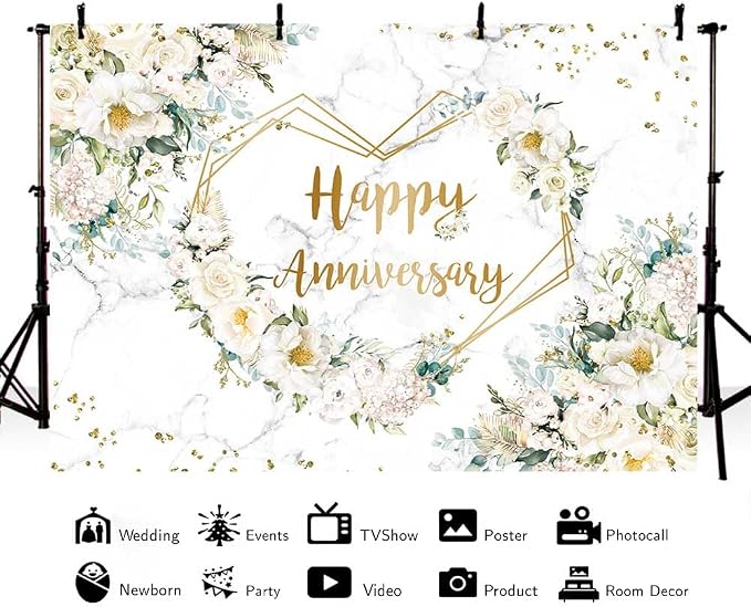 MEHOFOND 10x7ft Happy Anniversary Backdrop White Floral Wedding Anniversary Photography Background Hearts Geometric Couple Wedding Bridal Shower Women Birthday Party Cake Smash Decor Studio Photo Prop