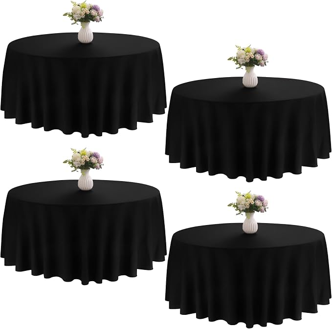 4 Pack Round Tablecloth 70 Inch Black Polyester Washable Decorative Fabric Table Covers for Wedding Dining Table Buffet Parties Banquet Decor