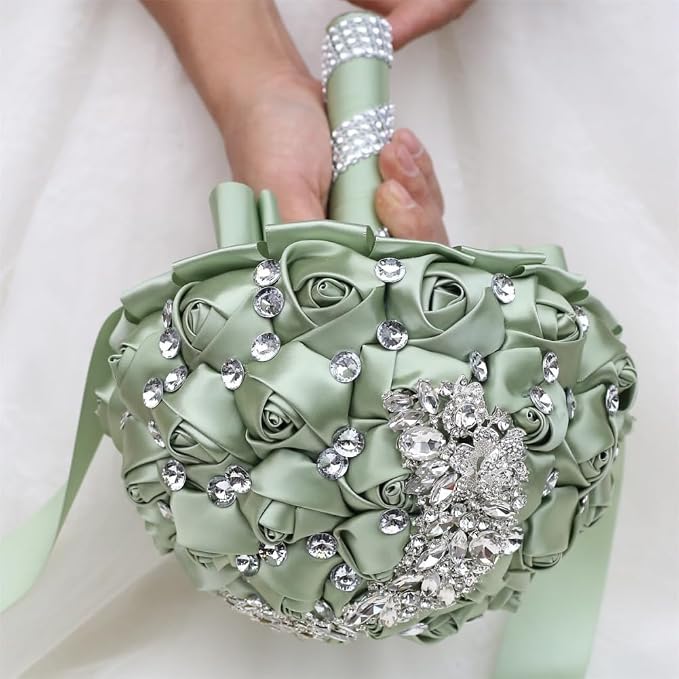 Wedding Bridal Bouquet with Silver Brooch Bling Rhinestone for Bride Bridesmaid Quinceanera Satin Rose Flower Bouquet Wedding Sage Green 7.1in