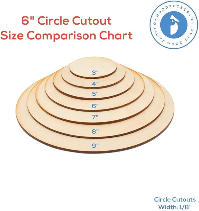 Wood Plywood Circles 6 inch, 1/8 Inch Thick, Round Wood Cutouts, Pack of 5 Baltic Birch Unfinished Wood Plywood Circles For Crafts, By Woodpeckers