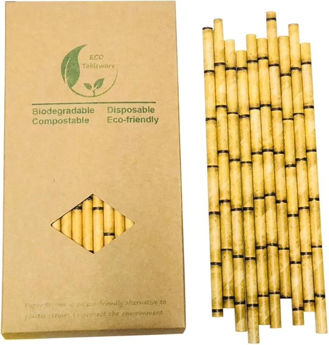 Yellow Bamboo Paper Straws, Packed 100 Biodegradable Bamboo Drinking Straws For Drinking, Environmentally Friendly Straw to Replace Plastic Straw