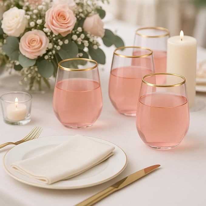 Oojami 40 Pack Diamond Disposable Wine Glasses Stemless 12 oz - Unbreakable Shatterproof BPA-Free, Reusable Recyclable Wine Cups for Wedding Birthday Party Cocktail Whiskey Champagne Pink Matte Gold