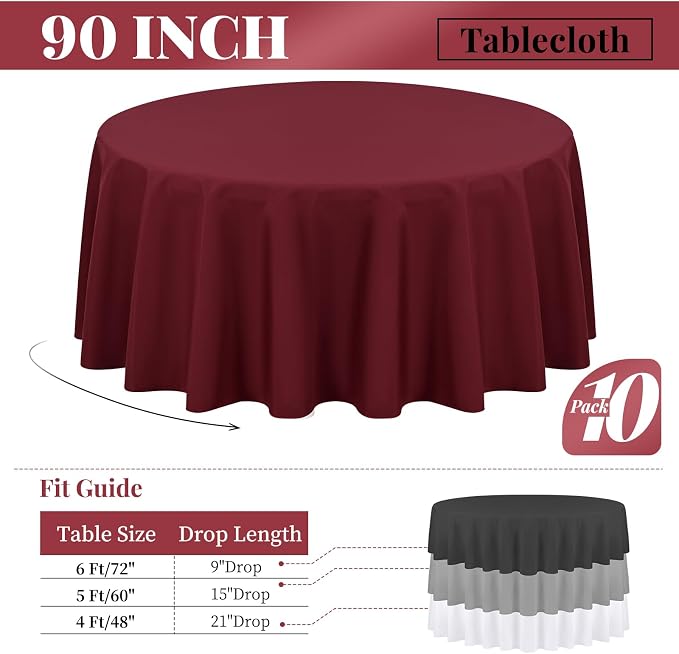 Fani 10 Pack 90 Inch Round Burgundy Polyester Tablecloths for Round Table, Wrinkle & Stain Resistant, Perfect for Wedding, Party & Camping