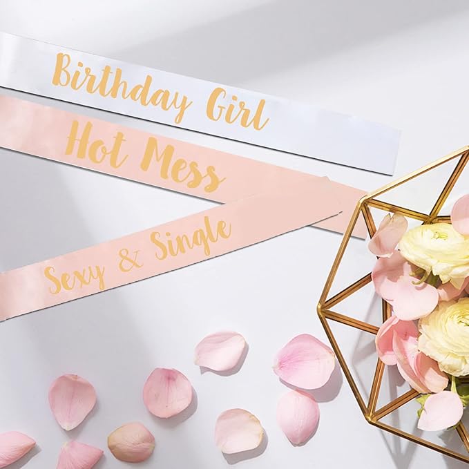 12-Piece Birthday Sash Set - White Girl Sash + 11 Rose Gold Party Sashes for Women's Birthday Party Favors